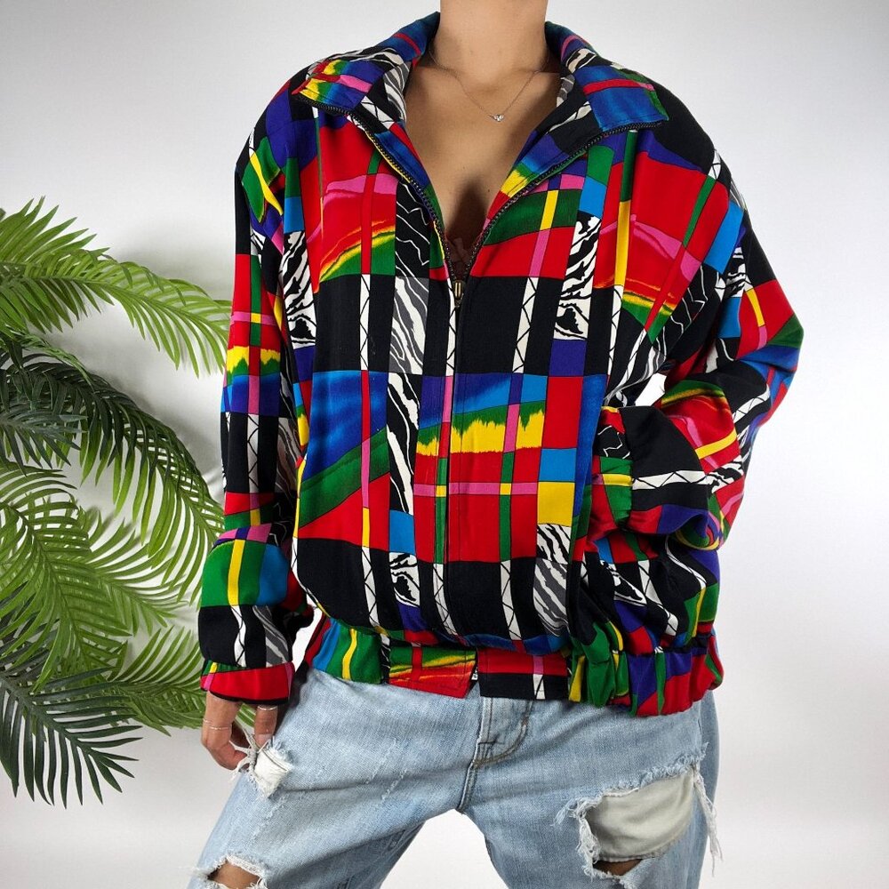 Women's Vintage 80s 90s Colorful Abstract Boho Retro Windbreaker Jacket / Med